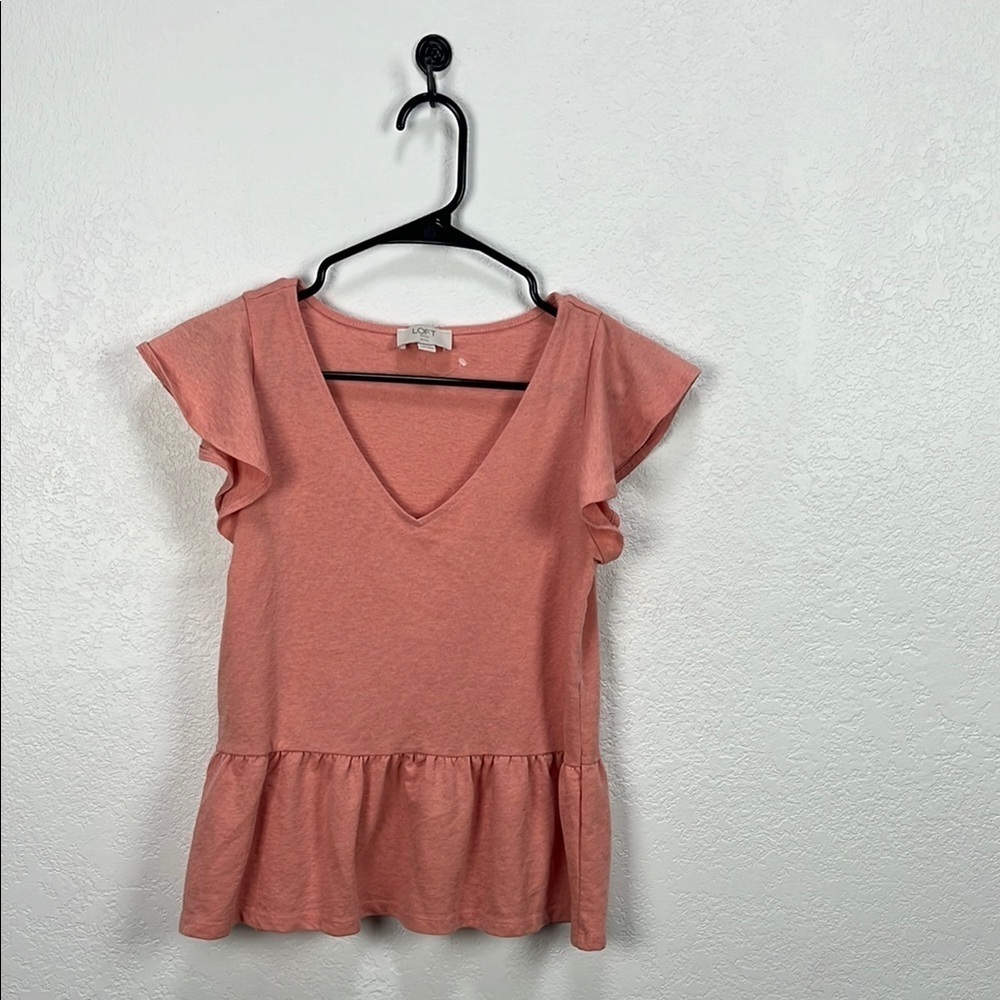 LOFT Pink Flutter Sleeve Peplum Blouse V Neck Flowy Vacay Wear Sz XXSP TC0842